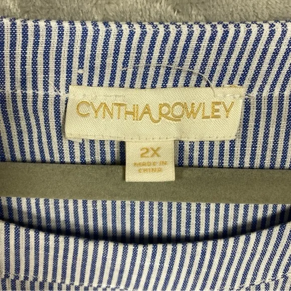 NEW Cynthia Rowley Linen Blend Fringe Sleeve Striped Nautical Blouse Sz 2X Blue - Picture 5 of 7